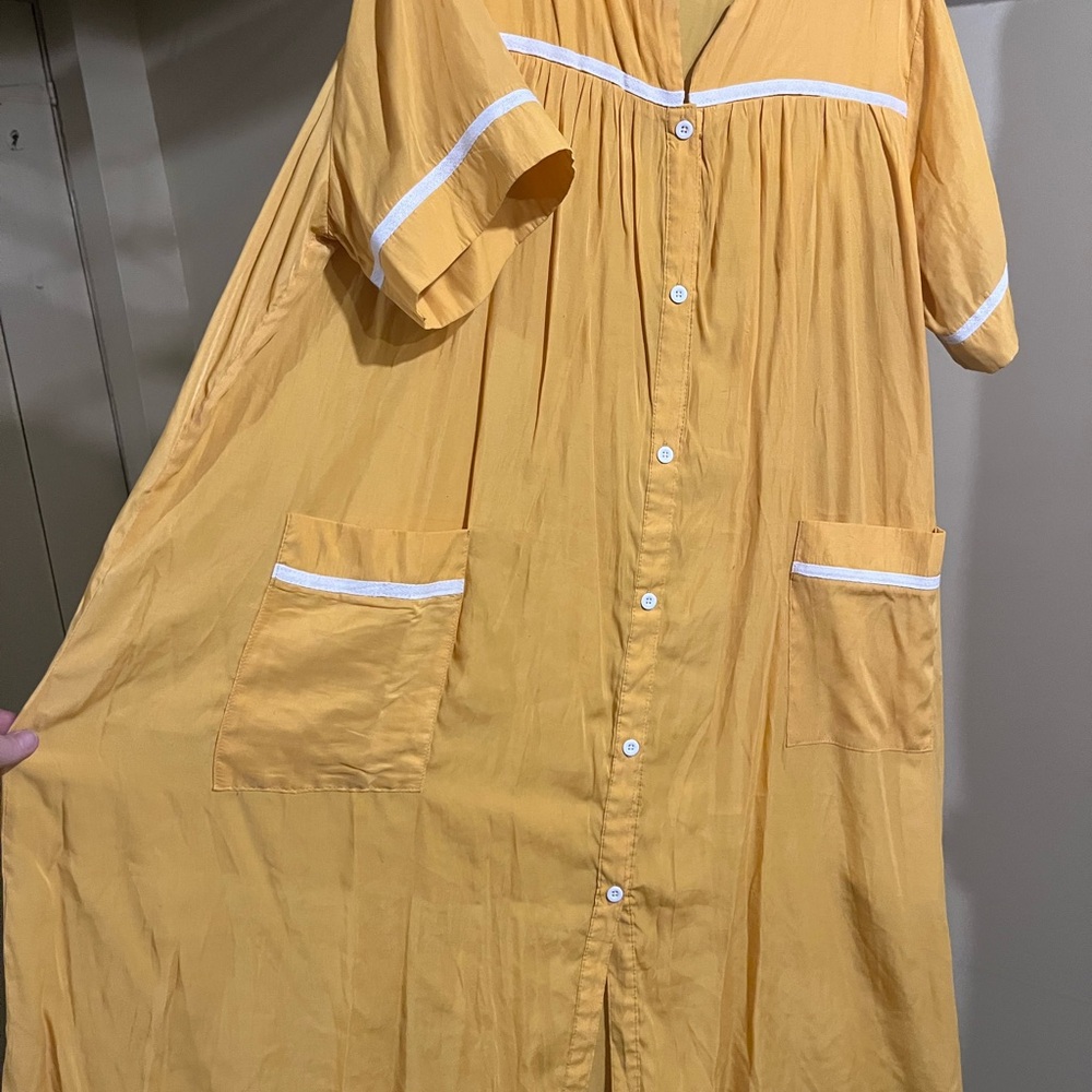 Yellow Button-Up House Dress with White Accents - Picture 2 of 16